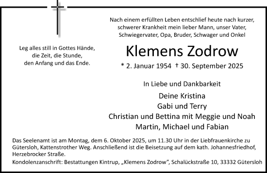 Traueranzeige von Klemens Zodrow von Neue Westfälische und Westfalen-Blatt