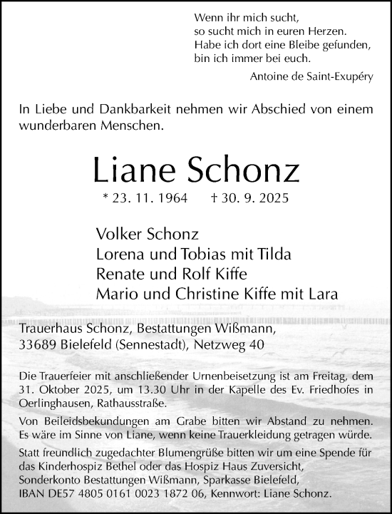 Traueranzeige von Liane Schonz von Neue Westfälische und Westfalen-Blatt