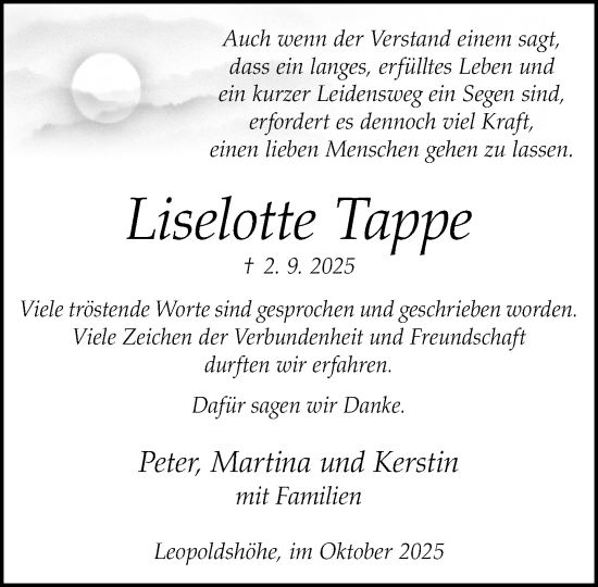 Traueranzeige von Liselotte Tappe von Neue Westfälische und Westfalen-Blatt
