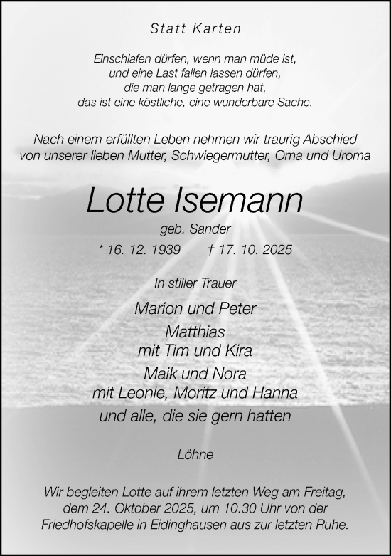 Traueranzeige von Lotte Isemann von Neue Westfälische und Westfalen-Blatt