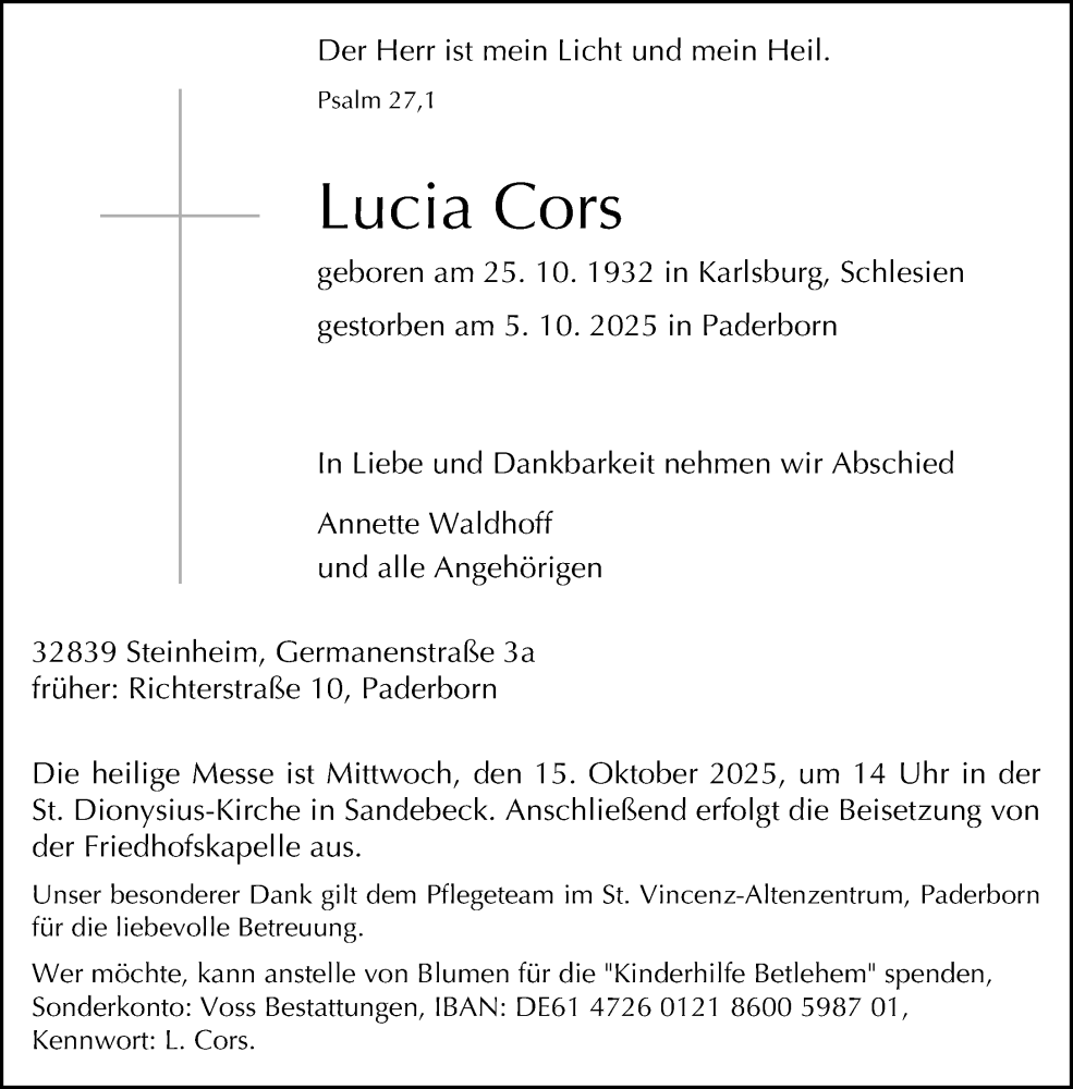  Traueranzeige für Lucia Cors vom 08.10.2025 aus Neue Westfälische und Westfalen-Blatt