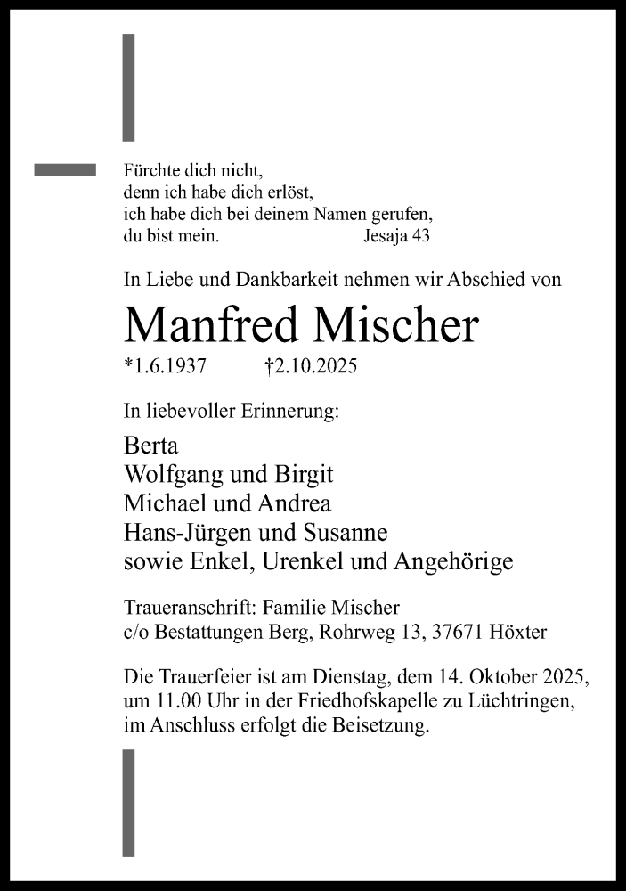  Traueranzeige für Manfred Mischer vom 08.10.2025 aus Neue Westfälische und Westfalen-Blatt