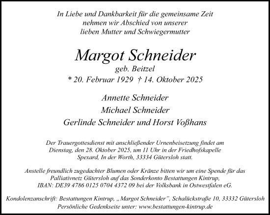 Traueranzeige von Margot Schneider von Neue Westfälische und Westfalen-Blatt
