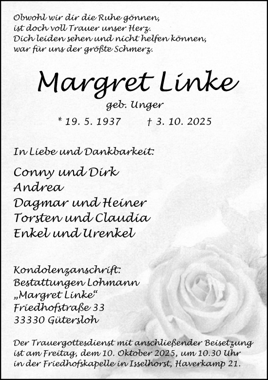 Traueranzeige von Margret Linke von Neue Westfälische und Westfalen-Blatt