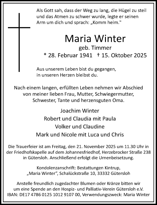 Traueranzeige von Maria Winter von Neue Westfälische und Westfalen-Blatt