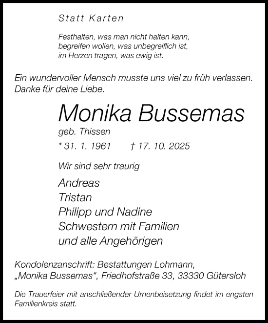 Traueranzeige von Monika Bussemas von Neue Westfälische und Westfalen-Blatt