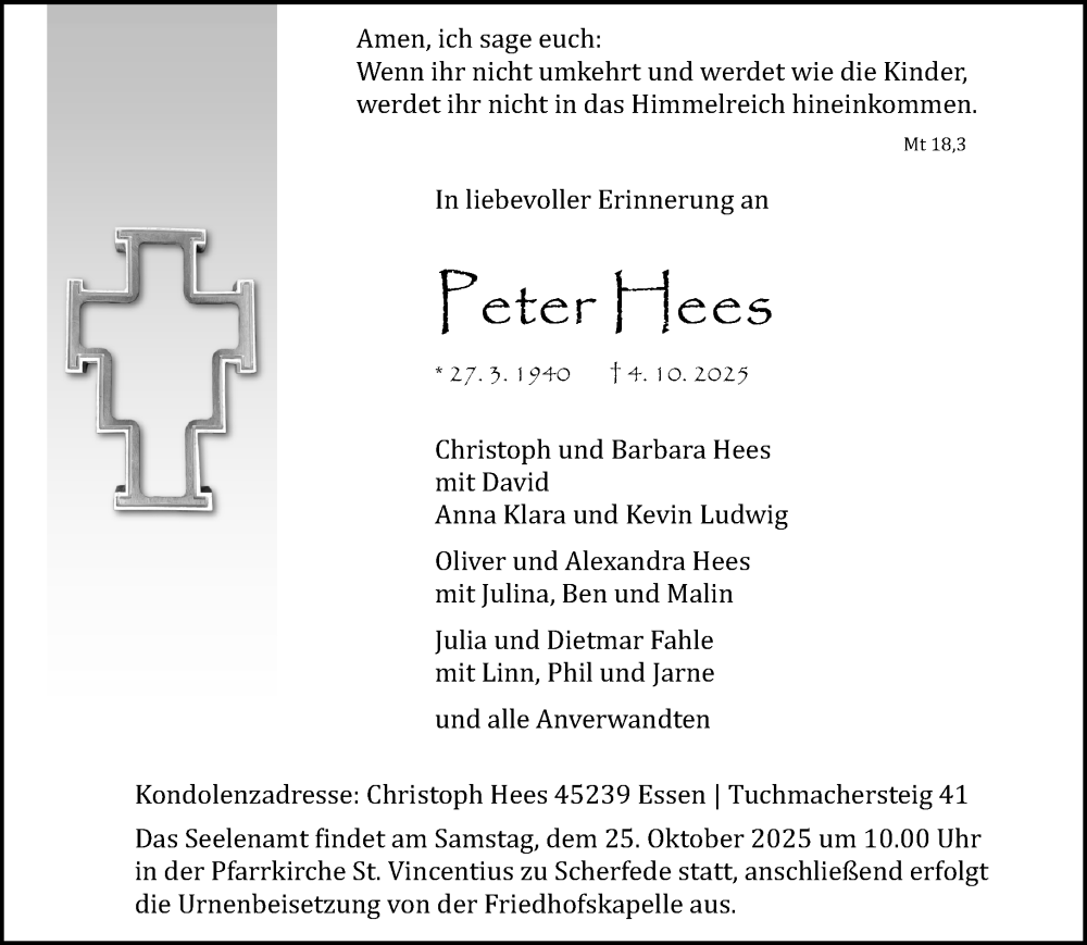  Traueranzeige für Peter Hees vom 18.10.2025 aus Neue Westfälische und Westfalen-Blatt