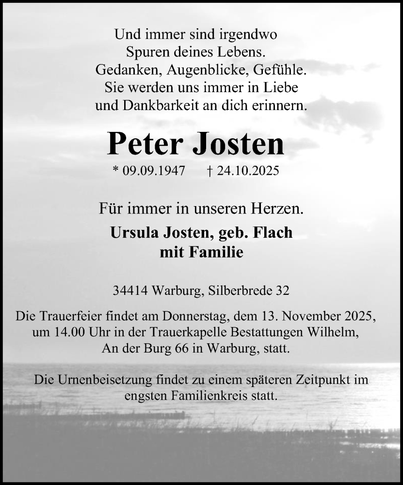  Traueranzeige für Peter Josten vom 31.10.2025 aus Neue Westfälische und Westfalen-Blatt
