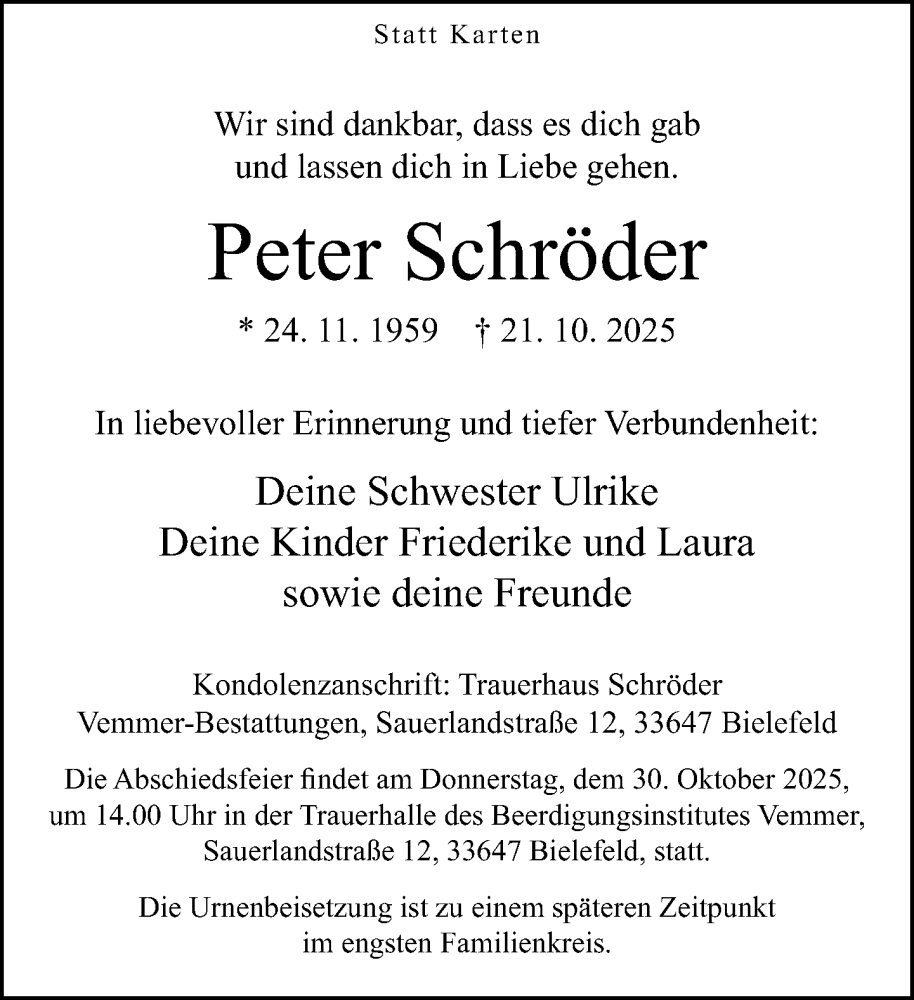  Traueranzeige für Peter Schröder vom 25.10.2025 aus Neue Westfälische und Westfalen-Blatt