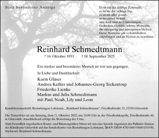 Traueranzeige von Reinhard Schmedtmann von Neue Westfälische und Westfalen-Blatt