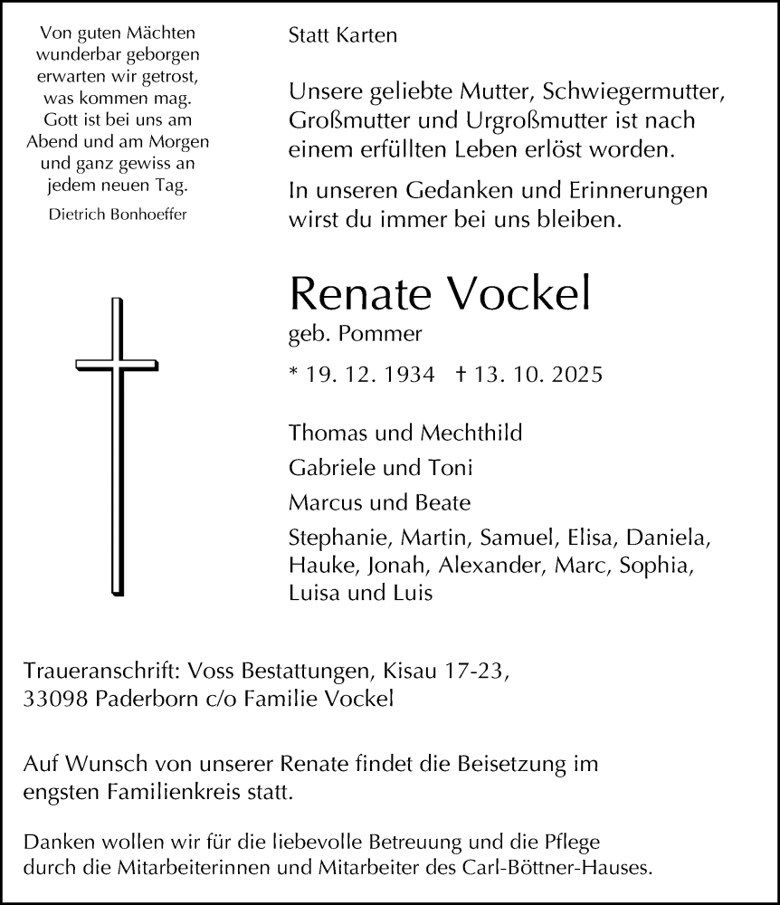  Traueranzeige für Renate Vockel vom 18.10.2025 aus Neue Westfälische und Westfalen-Blatt