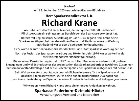 Traueranzeige von Richard Krane von Neue Westfälische und Westfalen-Blatt