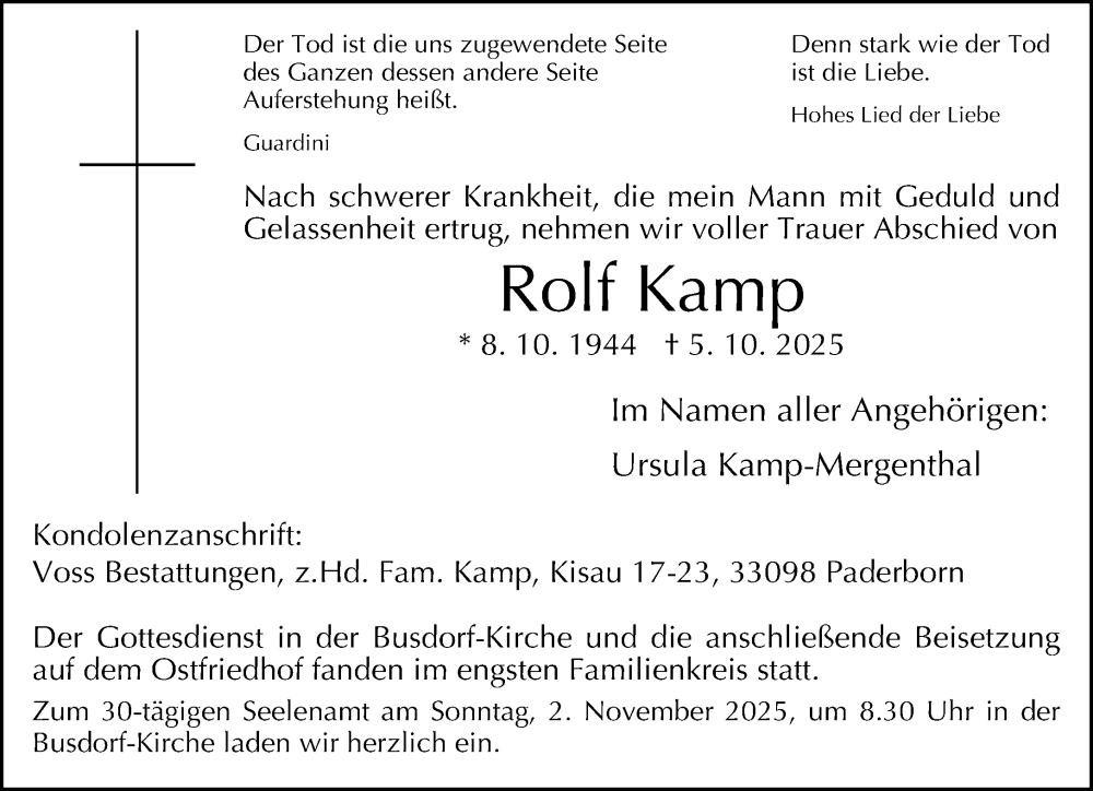  Traueranzeige für Rolf Kamp vom 11.10.2025 aus Neue Westfälische und Westfalen-Blatt