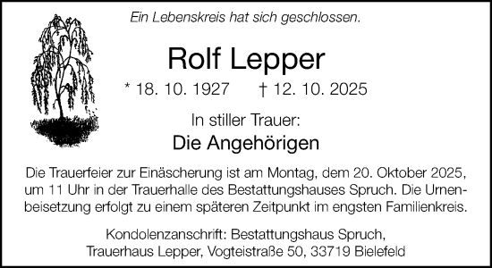 Traueranzeige von Rolf Lepper von Neue Westfälische und Westfalen-Blatt