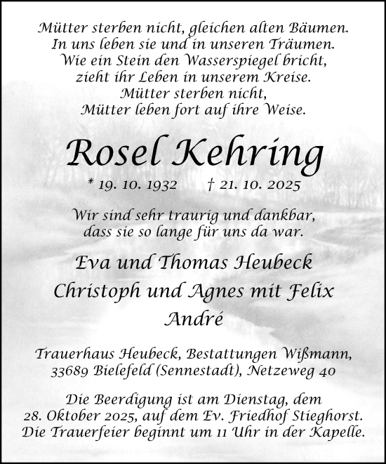 Traueranzeige von Rosel Kehring von Neue Westfälische und Westfalen-Blatt
