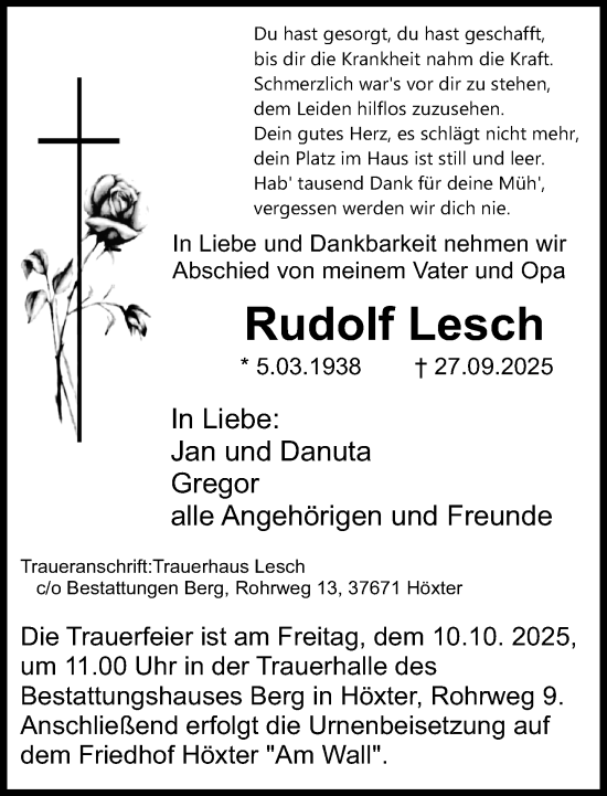 Traueranzeige von Rudolf Lesch von Neue Westfälische und Westfalen-Blatt