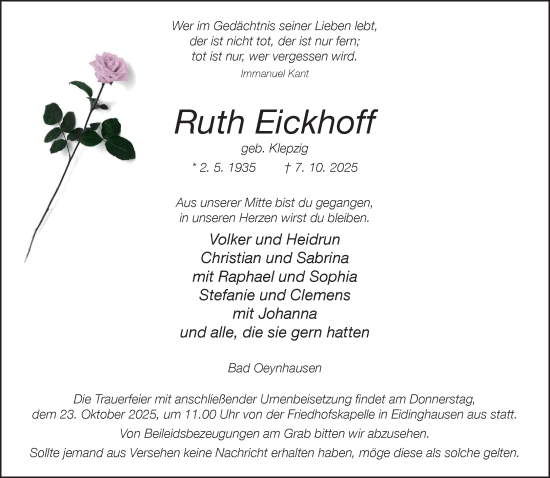 Traueranzeige von Ruth Eickhoff von Neue Westfälische und Westfalen-Blatt