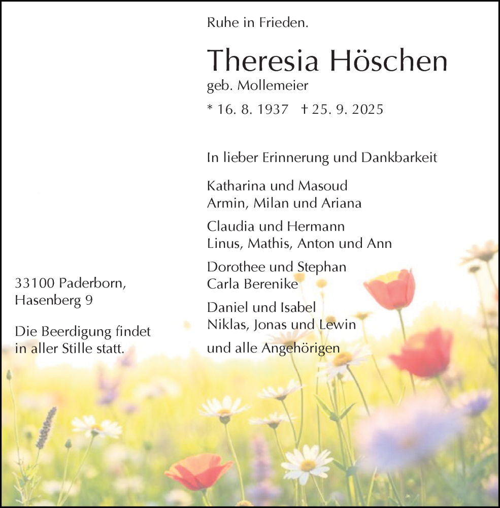  Traueranzeige für Theresia Höschen vom 04.10.2025 aus Neue Westfälische und Westfalen-Blatt