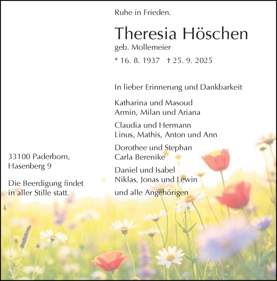 Traueranzeige von Theresia Höschen von Neue Westfälische und Westfalen-Blatt