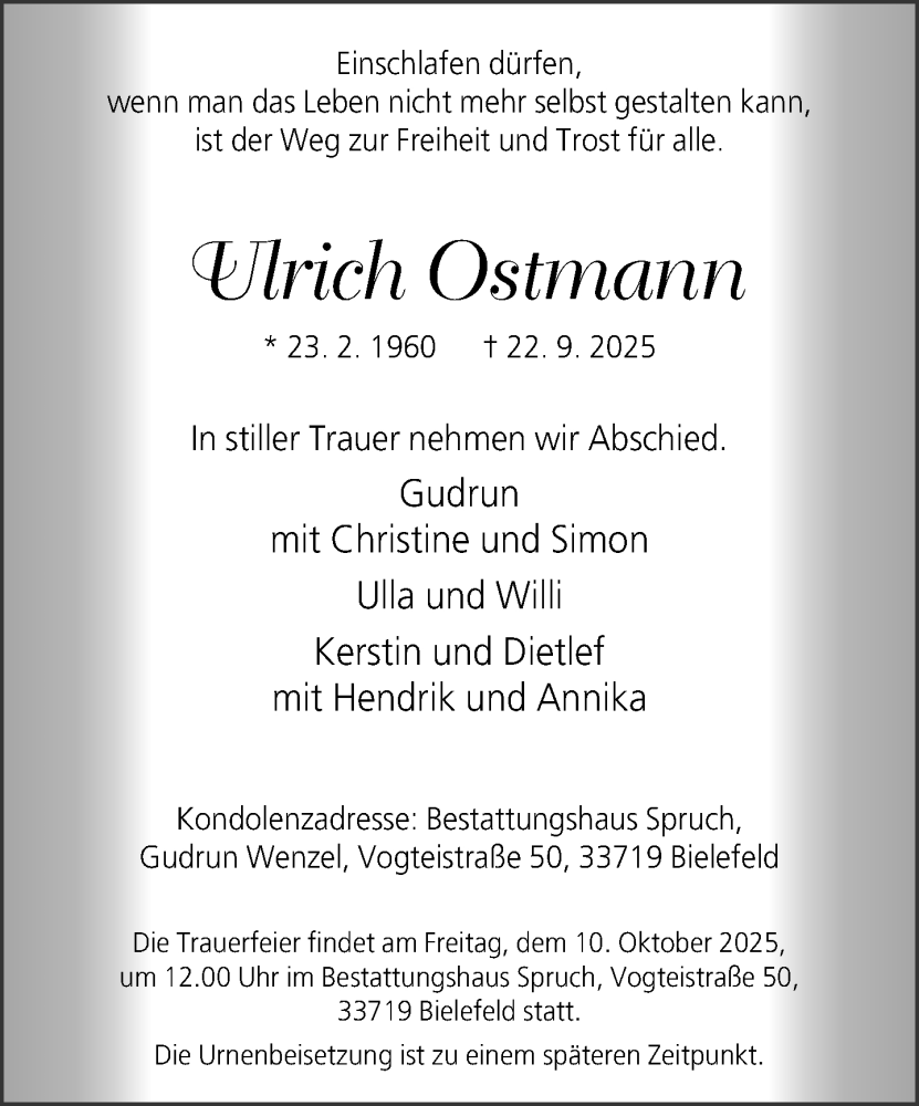  Traueranzeige für Ulrich Ostmann vom 04.10.2025 aus Neue Westfälische und Westfalen-Blatt