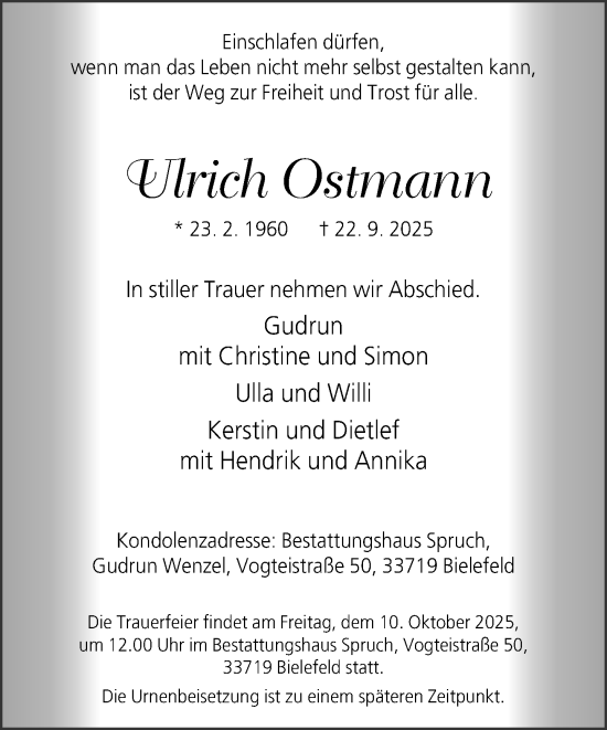 Traueranzeige von Ulrich Ostmann von Neue Westfälische und Westfalen-Blatt