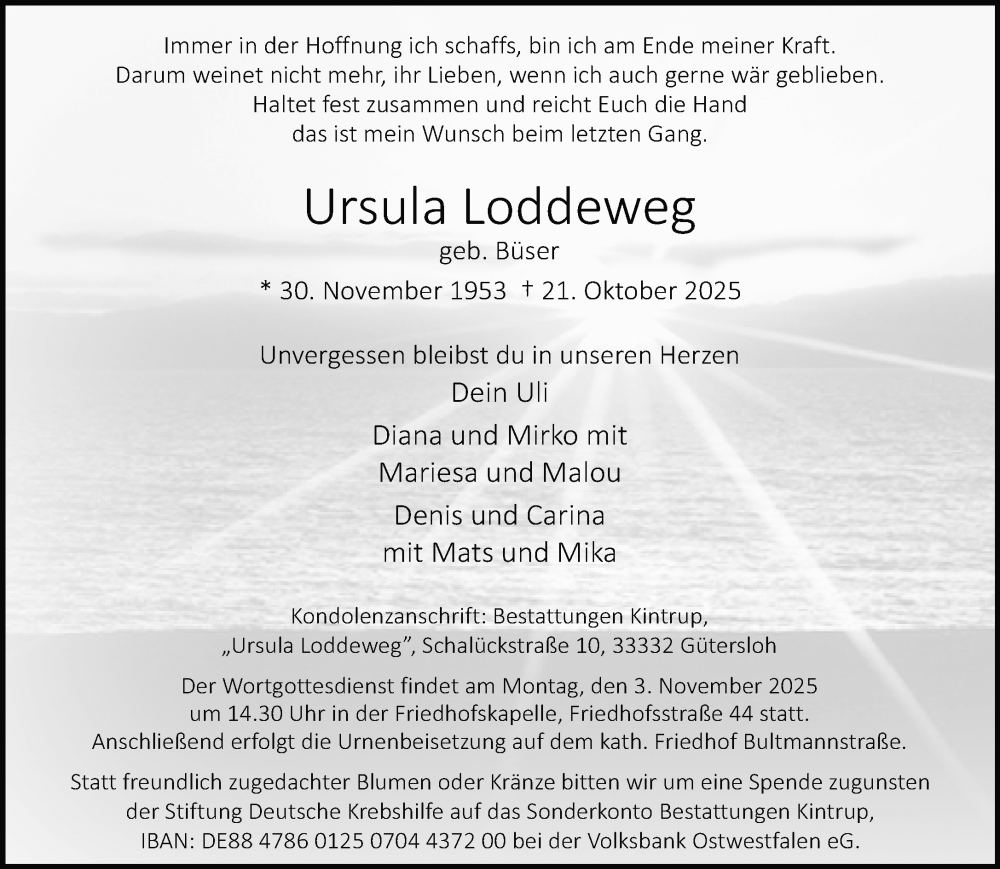  Traueranzeige für Ursula Loddeweg vom 25.10.2025 aus Neue Westfälische und Westfalen-Blatt