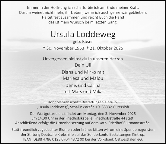 Traueranzeige von Ursula Loddeweg von Neue Westfälische und Westfalen-Blatt