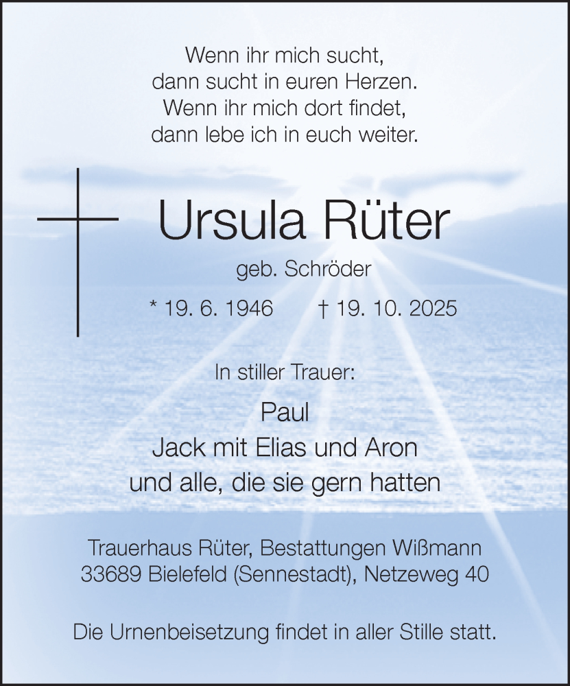  Traueranzeige für Ursula Rüter vom 25.10.2025 aus Neue Westfälische und Westfalen-Blatt