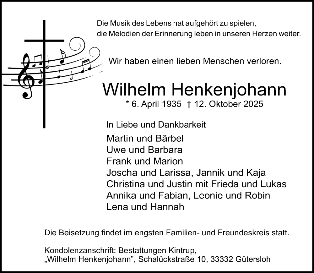  Traueranzeige für Wilhelm Henkenjohann vom 18.10.2025 aus Neue Westfälische und Westfalen-Blatt