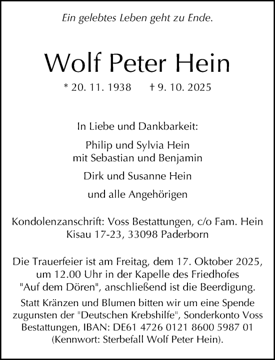 Traueranzeige von Wolf Peter Hein von Neue Westfälische und Westfalen-Blatt