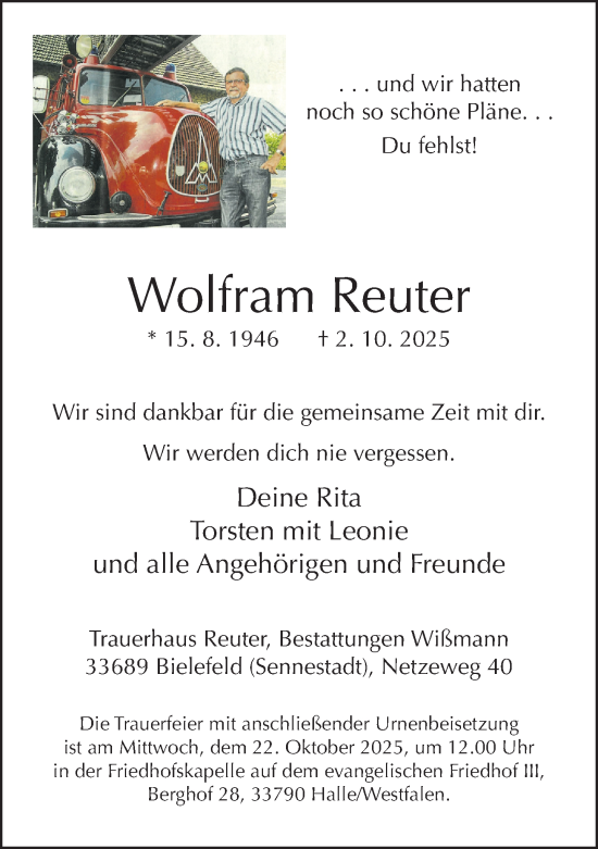 Traueranzeige von Wolfram Reuter von Neue Westfälische und Westfalen-Blatt