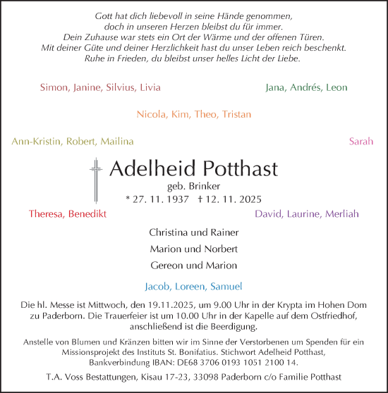 Traueranzeige von Adelheid Potthast von Neue Westfälische und Westfalen-Blatt