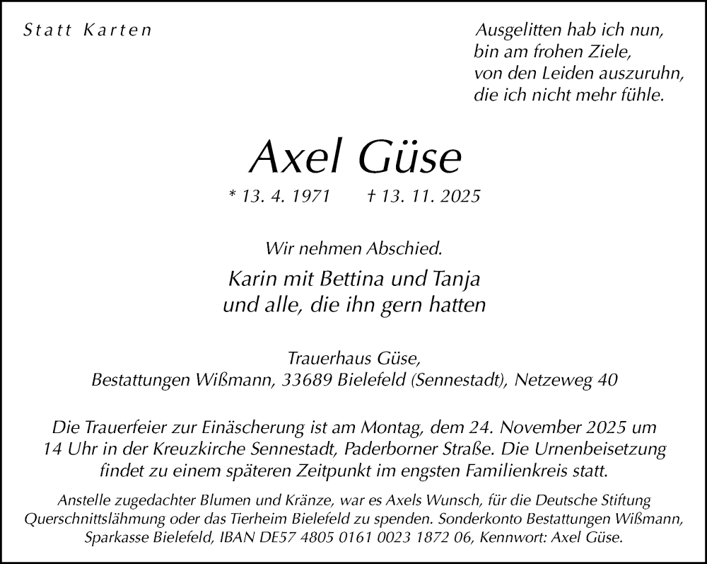  Traueranzeige für Axel Güse vom 19.11.2025 aus Neue Westfälische und Westfalen-Blatt