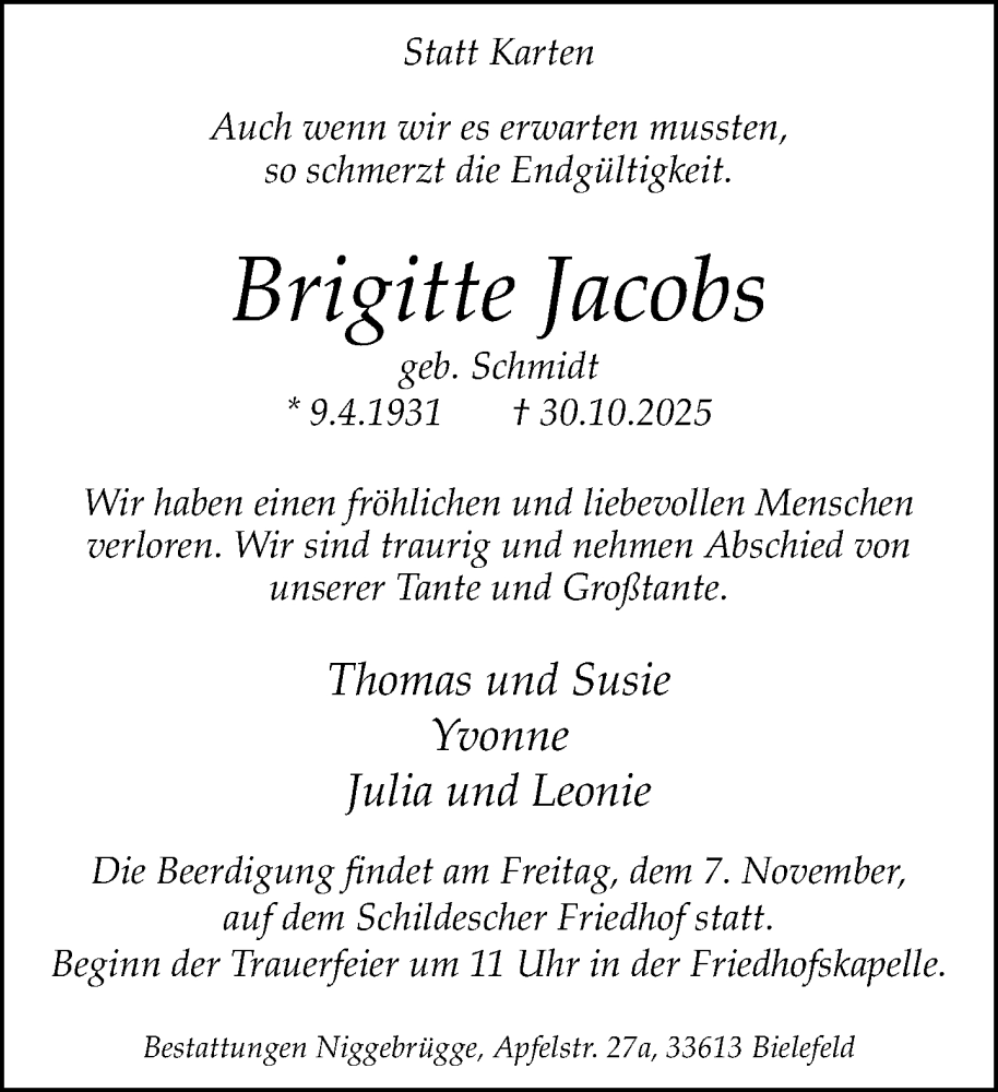  Traueranzeige für Brigitte Jacobs vom 05.11.2025 aus Neue Westfälische und Westfalen-Blatt