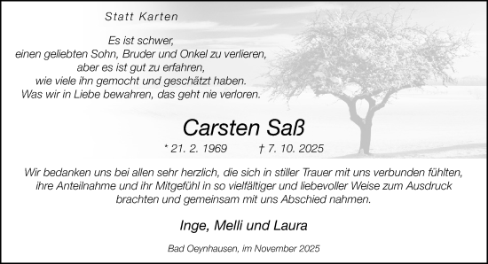 Traueranzeige von Carsten Saß von Neue Westfälische und Westfalen-Blatt