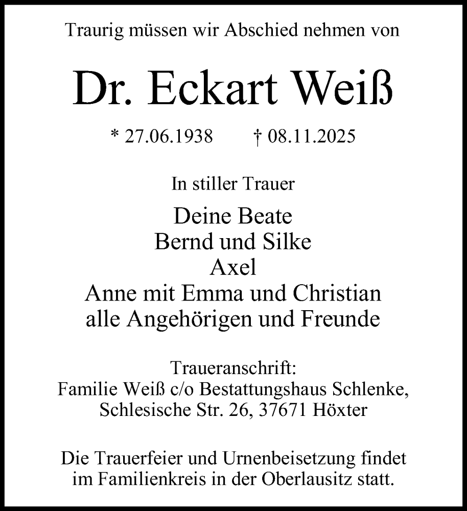  Traueranzeige für Eckart Weiß vom 15.11.2025 aus Neue Westfälische und Westfalen-Blatt