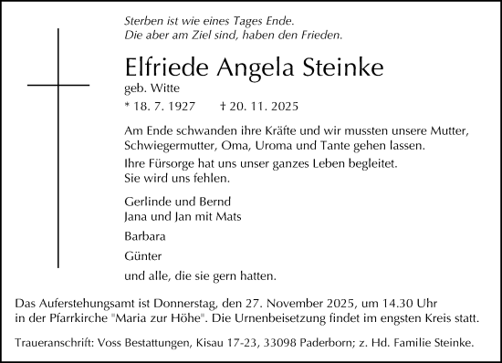 Traueranzeige von Elfriede Angela Steinke von Neue Westfälische und Westfalen-Blatt