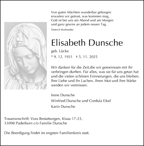 Traueranzeige von Elisabeth Dunsche von Neue Westfälische und Westfalen-Blatt