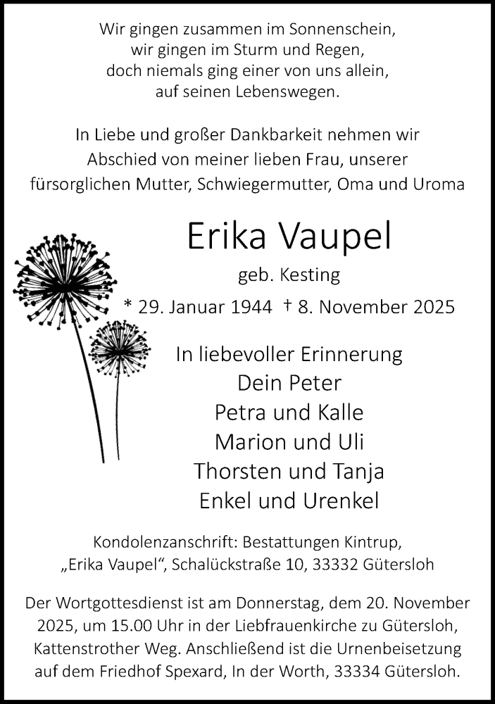  Traueranzeige für Erika Vaupel vom 15.11.2025 aus Neue Westfälische und Westfalen-Blatt