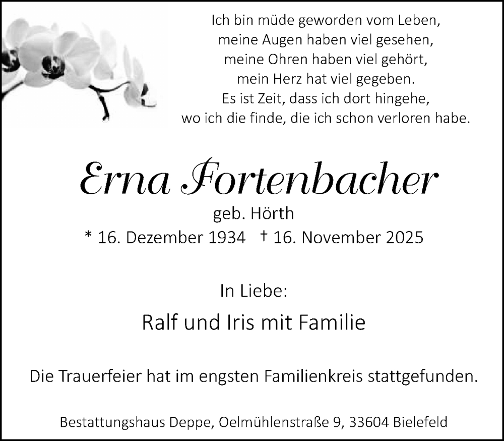  Traueranzeige für Erna Fortenbacher vom 29.11.2025 aus Neue Westfälische und Westfalen-Blatt