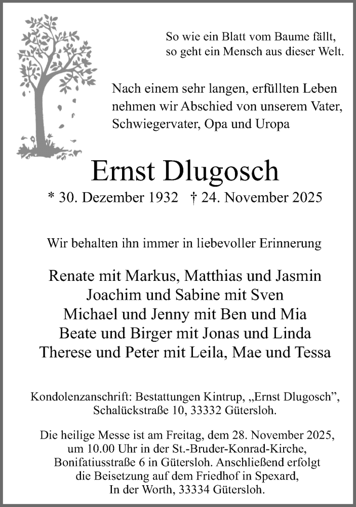  Traueranzeige für Ernst Dlugosch vom 26.11.2025 aus Neue Westfälische und Westfalen-Blatt