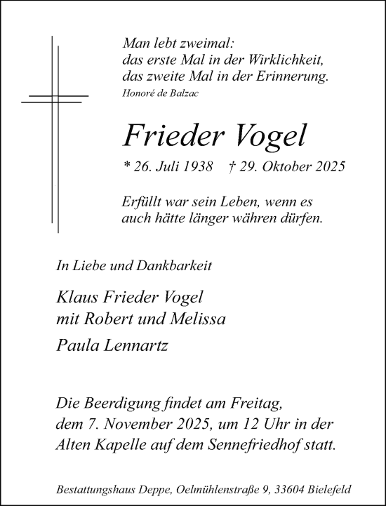 Traueranzeige von Frieder Vogel von Neue Westfälische und Westfalen-Blatt