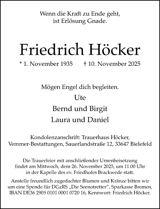 Traueranzeige von Friedrich Höcker von Neue Westfälische und Westfalen-Blatt