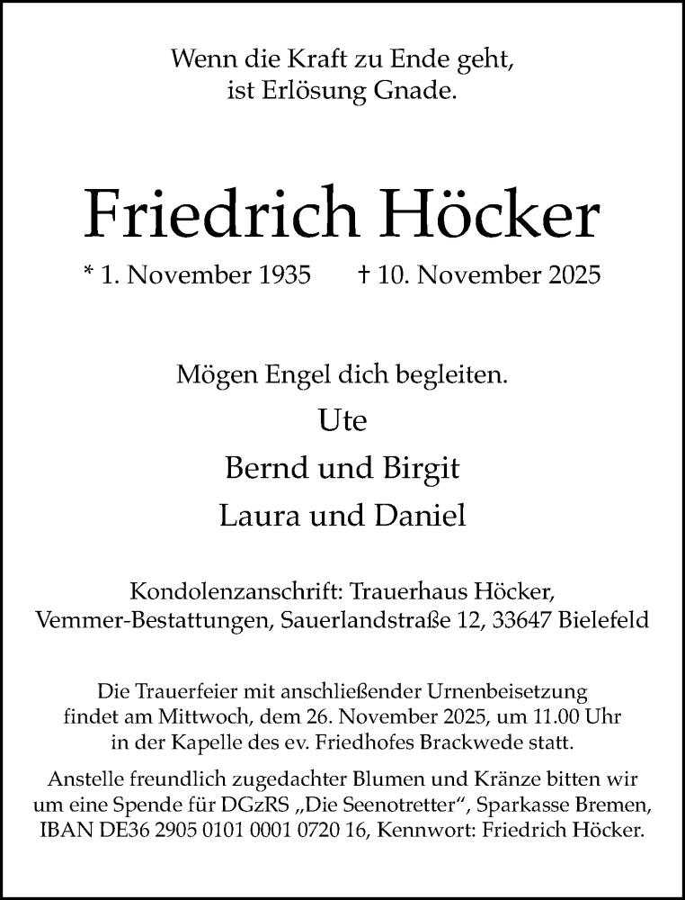  Traueranzeige für Friedrich Höcker vom 15.11.2025 aus Neue Westfälische und Westfalen-Blatt