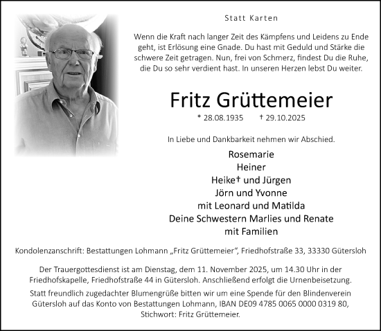 Traueranzeige von Fritz Grüttemeier von Neue Westfälische und Westfalen-Blatt