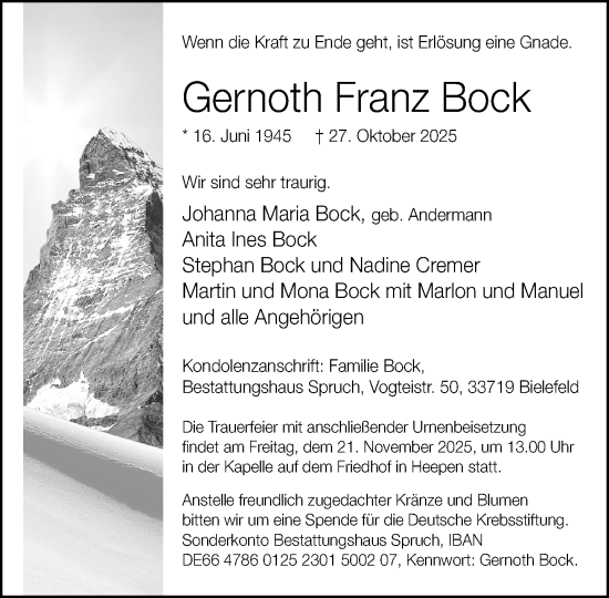 Traueranzeige von Gernoth Franz Bock von Neue Westfälische und Westfalen-Blatt