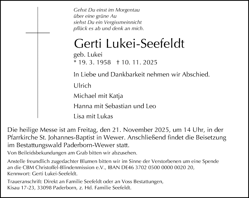  Traueranzeige für Gerti Lukei-Seefeldt vom 15.11.2025 aus Neue Westfälische und Westfalen-Blatt