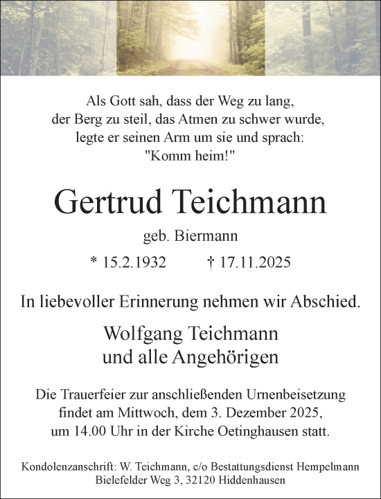 Traueranzeige von Gertrud Teichmann von Neue Westfälische und Westfalen-Blatt