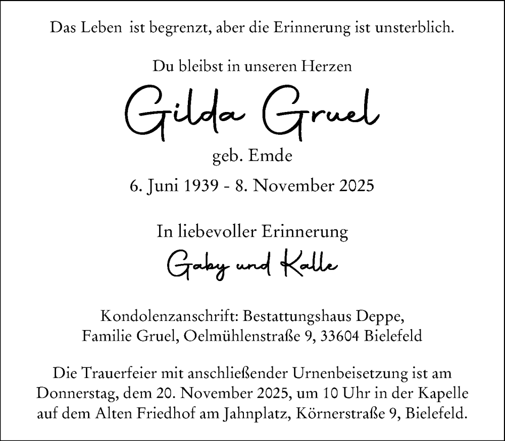  Traueranzeige für Gilda Gruel vom 15.11.2025 aus Neue Westfälische und Westfalen-Blatt