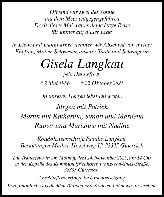 Traueranzeige von Gisela Langkau von Neue Westfälische und Westfalen-Blatt